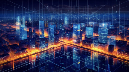 Futuristic City Skyline, Global Business, Data Exchange, Smart Network and Connection, data traffic