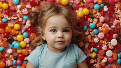 Fototapeta na wymiar Adorable toddler with captivating eyes lies on a bed of colorful candies, a sweet and playful scene