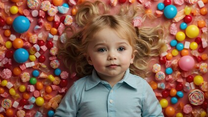 Fototapeta na wymiar Toddler with blonde curls lying on a colorful candy backdrop, embodying childhood sweetness