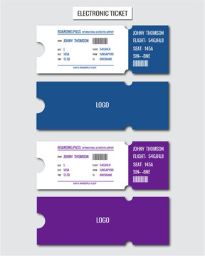 Vector realistic boarding pass composition with information about passenger on the front side and the back tamplate design.