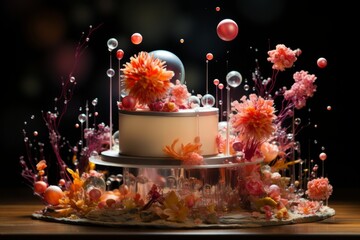 Creative gravity-defying cake with floating edible decorations, creating a whimsical and enchanting scene, Generative AI