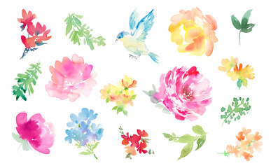 Set of abstract watercolor illustrations of peonies and foliage for background - obrazy, fototapety, plakaty