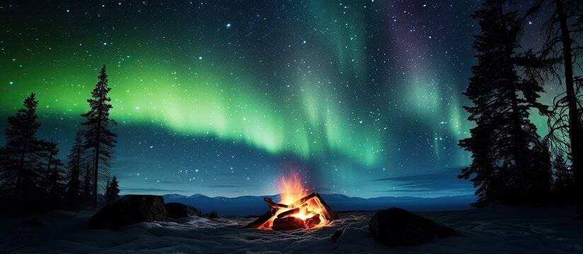 Composite photo showing a comforting campfire under starry Northern Lights