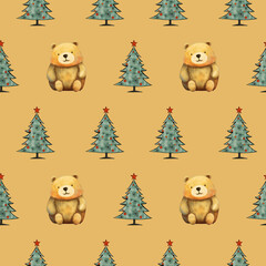 Christmas Tree and cute bear Seamless Pattern