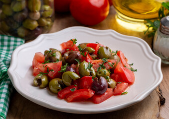 Gourmet flavors from traditional Turkish cuisine; green olive salad (Turkish name; Kirma yesil zeytin salatasi) A flavor belonging to the Turkey - Antakya region.