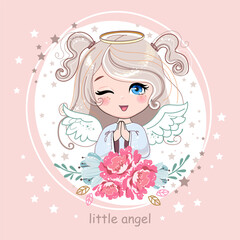 Beautiful cartoon little angel girl with flowers on a pink background. Vector illustration for kids. New born