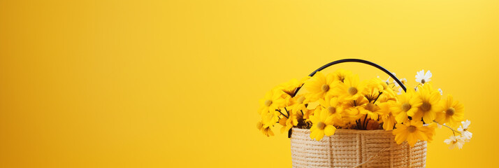 Basket with spring flowers isolated on yellow background, space for text