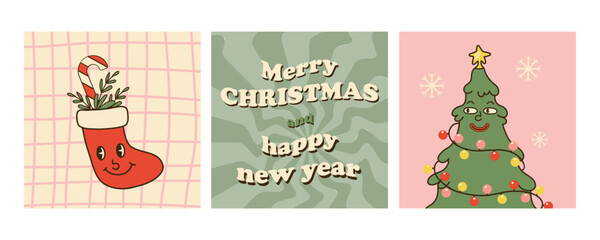 Groovy Christmas posters or social media banners. Greeting card. Comic retro winter characters. Hippie sign. Funny tree with glass balls, sweet xmas cane. Cartoon vector illustration in 70s 80s