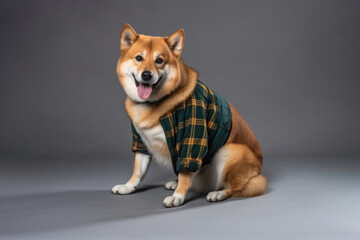 Fototapeta na wymiar Dog sitting in green plaid flannel shirt