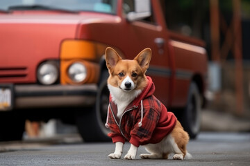 Dog in plaid jacket near red pickup truck - obrazy, fototapety, plakaty