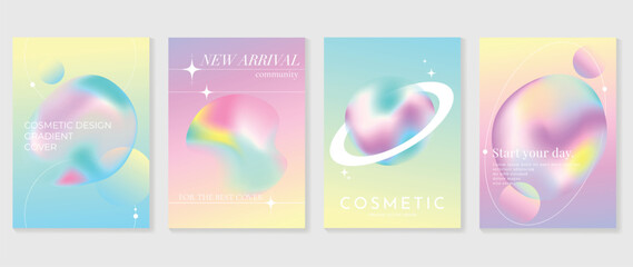 Aesthetic poster design set. Cute gradient holographic background vector with gradient mesh bubble, geometric shape. Beauty ideal design for social media, cosmetic product, promote, banner, ads. - obrazy, fototapety, plakaty