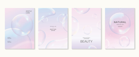Aesthetic poster design set. Cute gradient holographic background vector with geometric shape, gradient mesh bubble. Beauty ideal design for social media, cosmetic product, promote, banner, ads. - obrazy, fototapety, plakaty