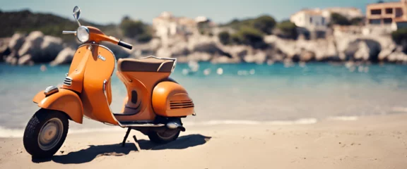 Schilderijen op glas Orange Retro Vespa on the beach in Italy, Summer Holidays © Gabriella88