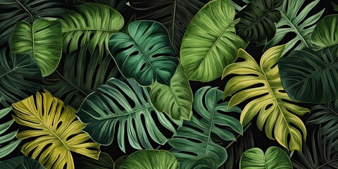 Background of various green tropical leaves. Panoramic background