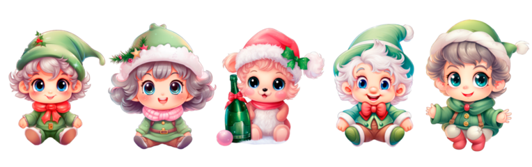 set of Christmas personage png 3d Isolated on transparent background. Christmas tree clipart. Cartoon Santa Claus, Elf, Girl,Boy for greeting card, banner,invitation,flyer,stickers. New Year 