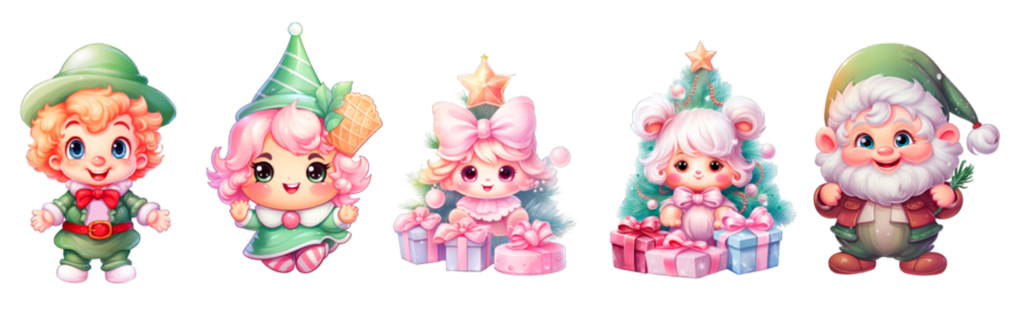 set of Christmas personage png 3d Isolated on transparent background. Christmas tree clipart. Cartoon Santa Claus, Elf, Girl,Boy for greeting card, banner,invitation,flyer,stickers. New Year - Powered by Adobe