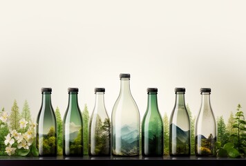 Glass bottles in different colors containing nature, showing landscape in transparency. Concept of recycling glass, saving and respecting the environment. Being aware of natural ressources. Nobody. - obrazy, fototapety, plakaty