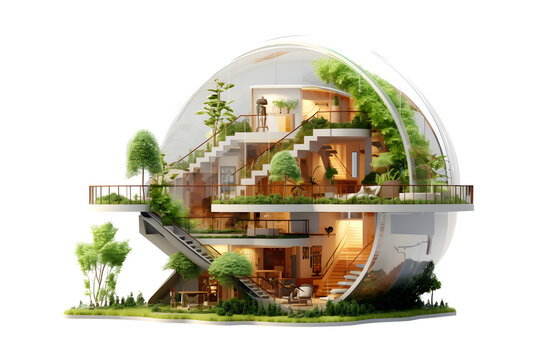 House In A Tree Sustainable Green Corporate Modern Building Eco Friendly Idea Concept, Isolated On White And Transparent Background