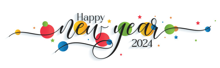 Happy New Year 2024 Typography. Hand drawn modern vector calligraphy with brush stroke. Simple inscription with swashes wavy lettering text. 1 January New Year Eve greeting card and Social Media Cover