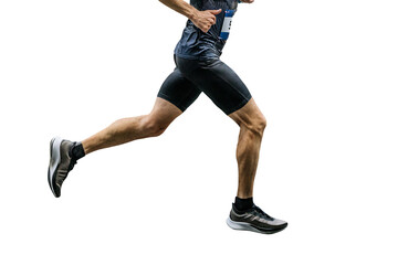 male runner in black tights running city marathon, muscular legs of athlete jogger, isolated on transparent background