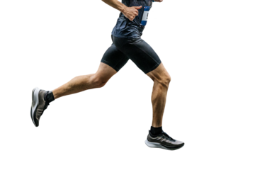 male runner in black tights running city marathon, muscular legs of athlete jogger, isolated on transparent background