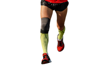 close-up legs male runner in compression socks and knee pads running marathon race, isolated on transparent background