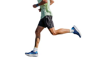 side view legs two male runners running city marathon race, isolated on transparent background
