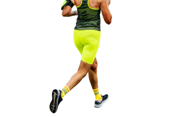 side view female runner running marathon race in bright green tights isolated on transparent background