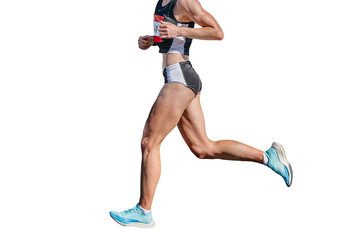 side view female runner athlete running city marathon race, isolated on transparent background