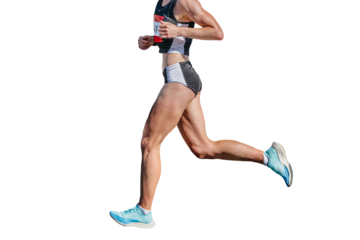 side view female runner athlete running city marathon race, isolated on transparent background