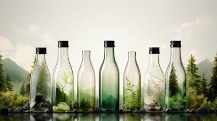 Glass bottles in different colors containing nature, showing landscape in transparency. Concept of recycling glass, saving and respecting the environment. Being aware of natural ressources. Nobody. - obrazy, fototapety, plakaty