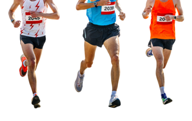 three athlete runners running marathon race in city road, numbers on shirts, isolated on transparent background