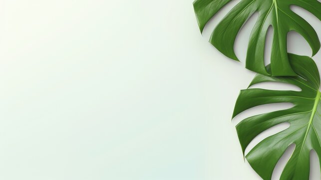 Mock up with flat lay monstera tropical leaves with free space for text. Background for product presentation or showcase