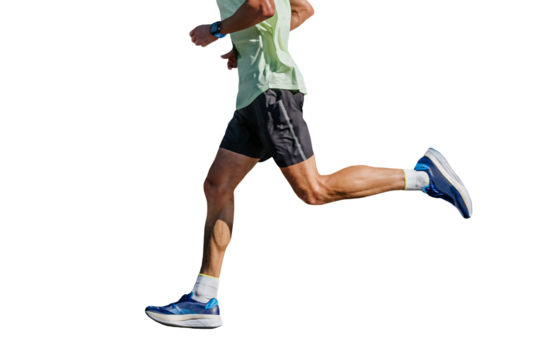side view legs two male runners running city marathon race, isolated on transparent background