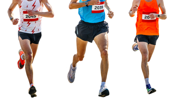 three athlete runners running marathon race in city road, numbers on shirts, isolated on transparent background