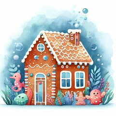 Obraz na płótnie Canvas Ginger bread house watercolor isolated hand drawn painting, underwater sea animal in Christmas with gingerbread house watercolor illustration on white background, vintage watercolor gingerbread house