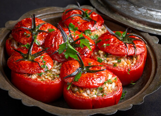 Traditional Turkish food; Stuffed tomatoes with olive oil stuffed with rice