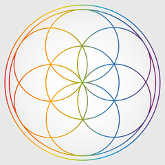 Graine de Vie Illustration Couleurs Arc-en-Ciel Géométrie sacrée Symbole Vecteur Design Cercle Spiritualité Univers Mandala Étoile 
