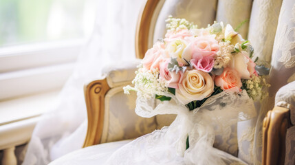 Fototapeta premium Brides wedding bouquet with pink roses and lace ribbons on vintage arm chair in rustic interior with window. Holiday tender bouquet. Concept of love, feelings, marriage, woman's day or Valentines day