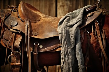 Cowboy riding gear, featuring a weathered saddle, lariat, and leather chaps - obrazy, fototapety, plakaty