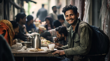 A happy homeless person is sitting at a table and eating in the shelter's dining room, surrounded by other homeless people. He looks to the future with hope and positivity. Close-up. - obrazy, fototapety, plakaty