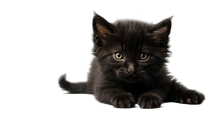 Cute fluffy kitten black isolated on white background