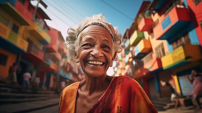A happy smiling elderly woman on the street with colorful houses in the favelas of Brazil. The woman looks into the camera and smiles. The concept of resilience and love of life. Close-up.