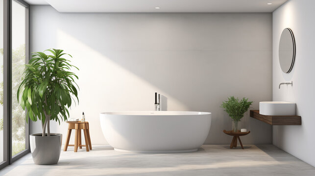 Modern bathroom interior, plants, white bathtub and sink, wooden stool, marble countertop with oval mirror, concrete floor, copy space