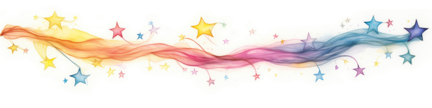 Beautiful colorful paint splashes background, transparent illustration with happy rainbow colors, garland of stars dancing in the sky, page ornament, band or banner, border decoration, pastel dream