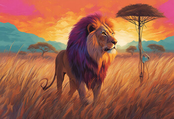 A colorful Lion in the high grass of the african savannah - obrazy, fototapety, plakaty