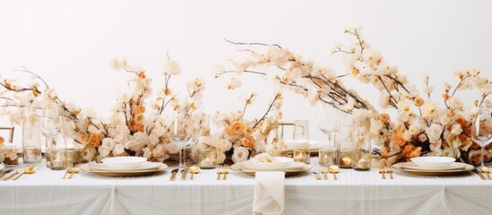 White and golden flowers decorate the wedding reception table