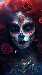 A woman with red hair and a sugar skull make - up
