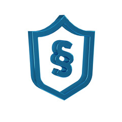 Blue Justice law in shield icon isolated on transparent background.