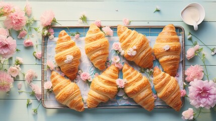 A tray of croissants sitting on top of a table
